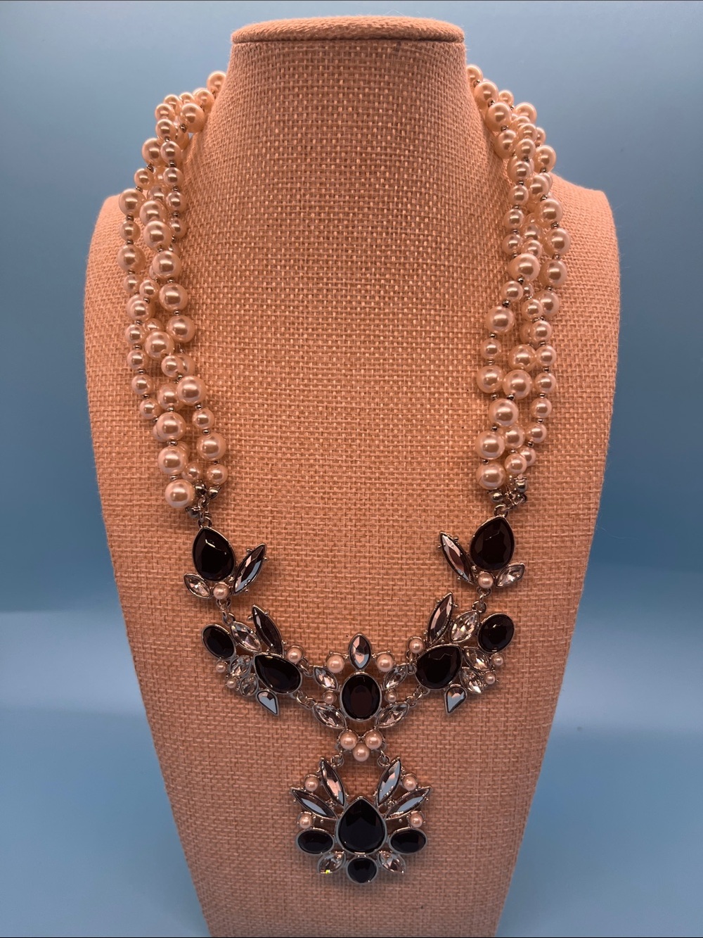#0150.  Classic Pearl and Black Gem Statement Necklace